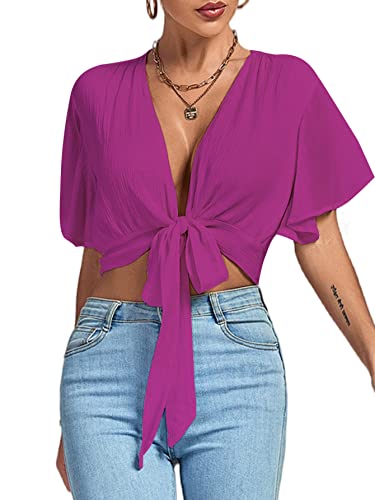 Image of LYANER Women's Sexy Deep V Neck Tie Front Wrap Cropped Blouse Bell Short Sleeve Ruffle Crop Tops