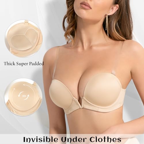 Women's Deep V Plunge Padded Push Up Bras with Clear Straps Backless Convertible Low Cut Underwire Bra3