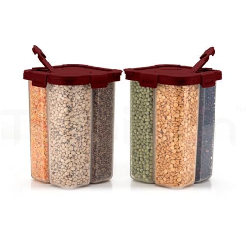 Image of SplitBox - Pack of 2, 4-Section Kitchen Food Storage Container,2000ml BPA-Free Transparent,Black Lid,Removable Divider,Freezer Safe,Stackable,Space Saving,Pulses,Snacks,Dry Fruits (Maroon)