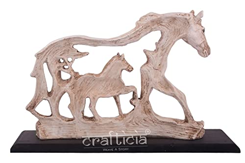 Image of Resin Horse Statue with Baby Horse Animal Figurine On Wooden Base for Feng Shui and Vaastu Statue (27.5X7.5X20 cm, Off White)