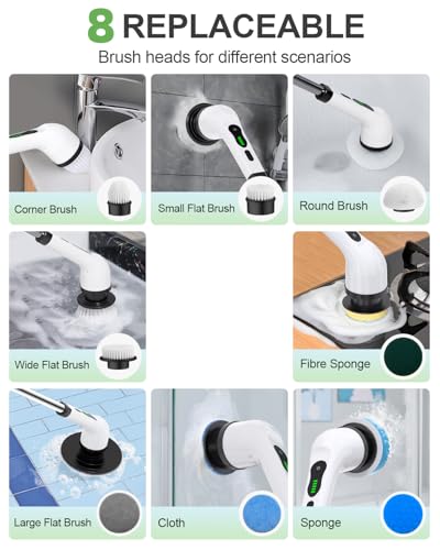 Image of Electric Spin Scrubber, Cordless Cleaning Brush, Shower Scrubber with 8 Brush Heads 2H Power Dual Speed, Adjustable Extension Handle, IPX7 Waterproof for Tub Tile Car Floor Polishers, PA-25.
