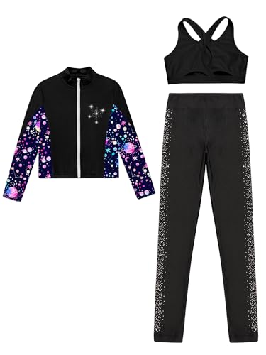 Kids Girls 3Pcs Gym Workout Outfits Sleeveless Crop Top Athletic Leggings and Long Sleeve Full Zipper Jacket Outwear4
