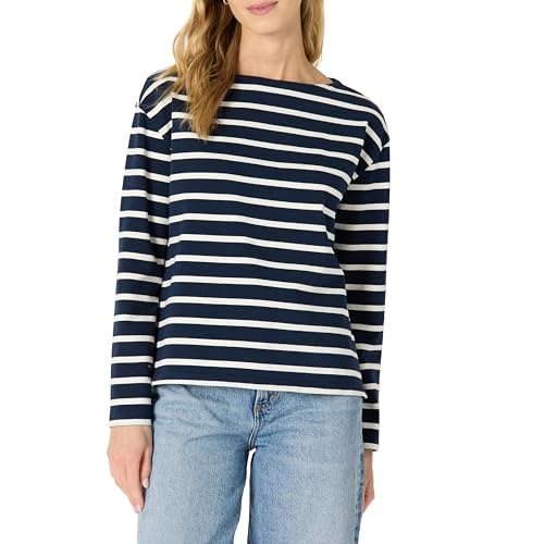 Amazon Essentials Top de Cuello Barco de Manga Larga con Corte Holgado, 100% Algodón de Alto Gramaje Mujer, Azul Marino Cáscara de Huevo Mariner Rayas, S