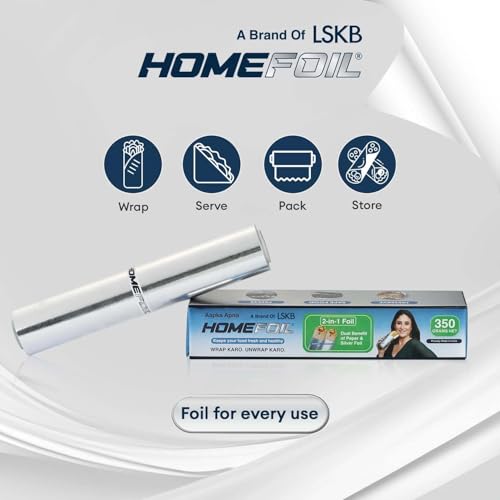 Image of HOMEFOIL 2-in-1 Paper & Silver Converted Aluminium Foil (350 Grams) for Packing | Keeps Food Fresh | Ideal for Wrapping, Storing and Serving | 23.14 Meter Net Guaranteed Length