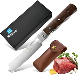 Folding Chef Knife with Leather Pouch 4.8" Sharp 440A Stainless Steel Blade Wooden Handle Pocket Foldable Japanese Style Kitchen Knife for Outdoor Camping Cooking.