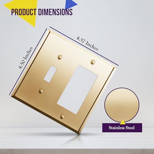 Image of ENERLITES Combination Toggle and Decorator Switch Metal Wall Plate, Stainless Steel 201, Corrosion Resistant, Size 2-Gang 4.50 inch x 4.57 inch, 771131-PB, Polished Brass, Gold