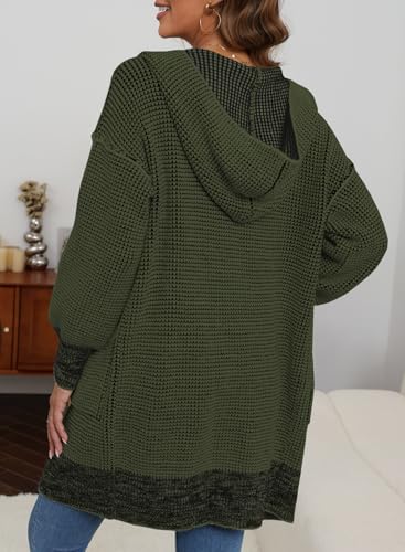 Sidefeel Women's Open Front Chunky Cardigans Oversized Hooded Sweaters Coat Knitted Plaid Fall Tops Blackish Green Medium2