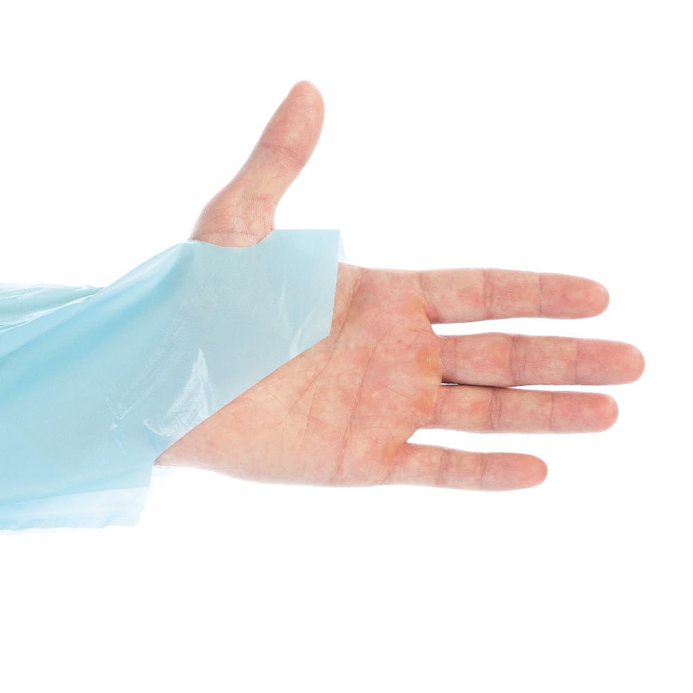 FRANZ MENSCH 100 Stück Hygonorm Kittel Med Light mit Daumenloch Light | CPE, blau, XL, L: 115cm, B: 100cm, Karton, Untersuchungskittel, Einwegkittel, Einmalkittel