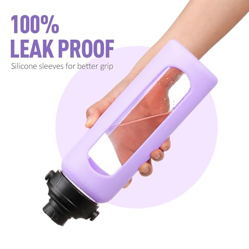 Image of 24oz Glass Water Bottle with Straw and 2 Lids, Purple