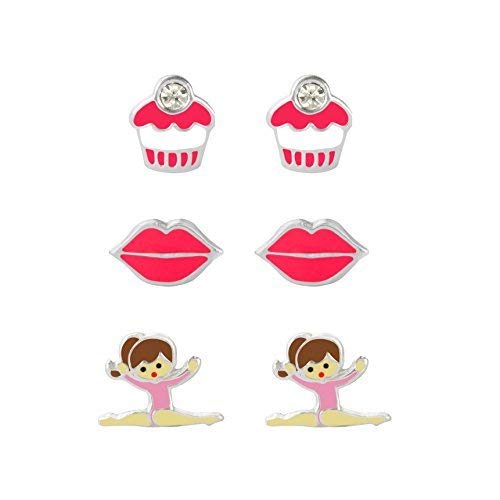 Set aus drei emaillierten Ohrsteckern Ballerina, Lippen, Cupcake-Design, in Geschenkbox Cover