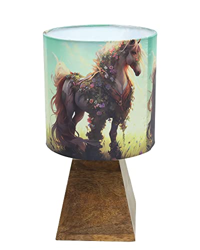 Image of Homesake Wooden Base Pyramid Table Lamp, Lamps for Living Room, Bedside Night Lamp, Lamp for Bedroom Decoration, Modern Home Decorative Light, Desk Lamp,Study Lamp, Home Decor, Floral Horse Shade