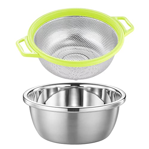Popgrade Stainless Steel Colander Strainer Bowl Set, Rice Fruit Washing Bowl Basket, Fruit Strainer, Rice Washer Strainer Bowl Container For Kitchen, Colander Bowl, Green #TOP5