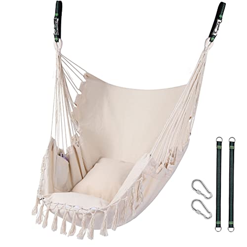 Redswing Hanging Hammock Chair, Hanging Rope Swing With 2 Cushions, Hardware Kits And Quality Cotton Weave For Superior Comfort And Durability, Max Load 330Lbs,Beige #TOP11
