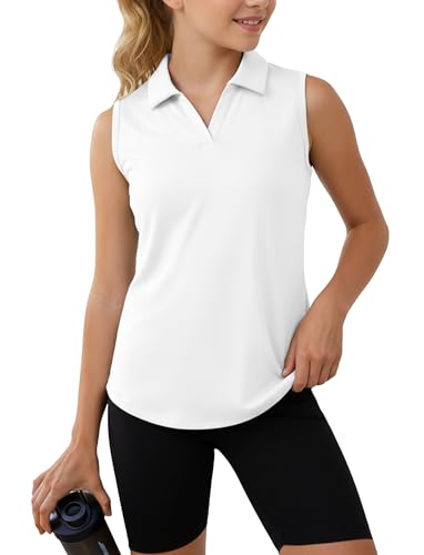 PATPAT Girls Athletic Sleeveless Golf Polo Shirts Size 9-10 Years White Collared V Neck Quick Dry Shirt Kids Workout Tennis Tank Tops