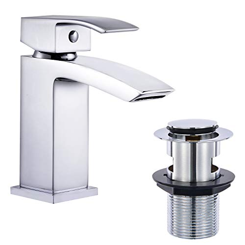 Hapilife Basin Taps Waterfall with Pop up Waste Square Bathroom Sink Mixer Taps with UK Standard Hoses