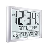 Marathon CL030061-FD Super Jumbo Atomic Full Calendar Wall Clock with 7 Time Zones, Indoor Temperature and Humidity. Large 20 Inch Display with 6.5 Inch Numbers. Batteries Included (Silver)
