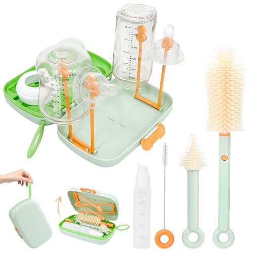 Image of 7 in 1 Travel Bottle Cleaner Kit with Bottle Drying Rack, 360° Clean Bottle Brush, Nipple Brush, Straw Cleaning Brush, Drainer Tray,Soap Dispenser and Storage Box, a Must-Have for Baby's Home Travels