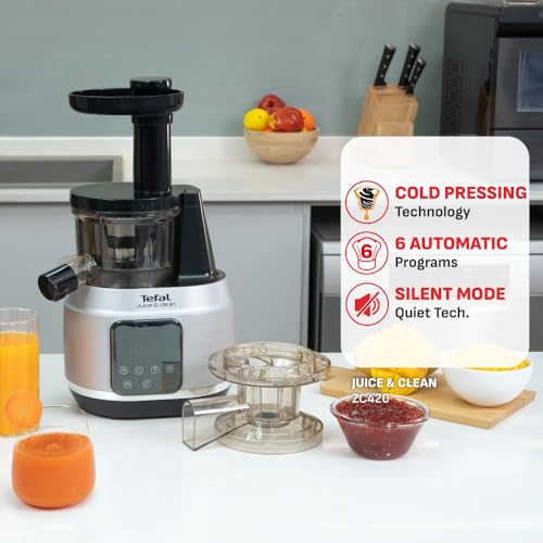 Image of Tefal Juice & Clean slow juicer, Fruit and Vegetable Juice Extractor, Vitamin Juice, Cold Press, 150 W, 42 to 70 RPM, Fresh Fruit Juice, Jam, Sorbet, Automatic Cleaning 2 years warranty