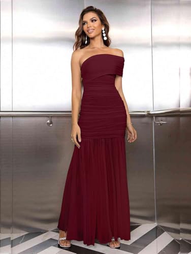 Image of LAGSHIAN Women's Elegant Formal Long Dress One Shoulder Sleeveless Ruched Bodycon Evening Dress
