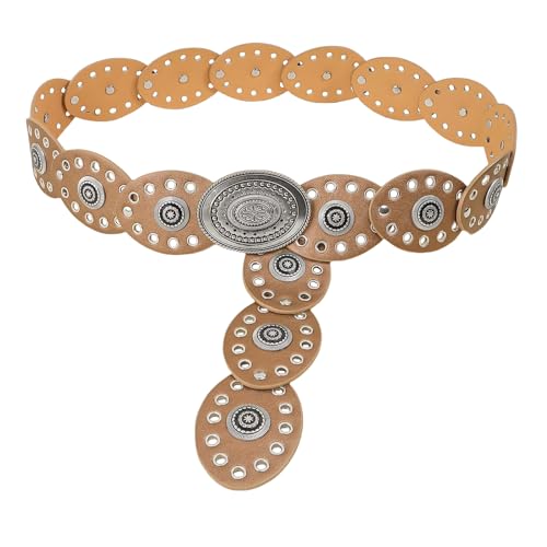 Women's Retro Hollow Wide Disc Belt Boho Leather Belt Western Chunky Waist Belt Cowboy Metal Buckle Concho Belts