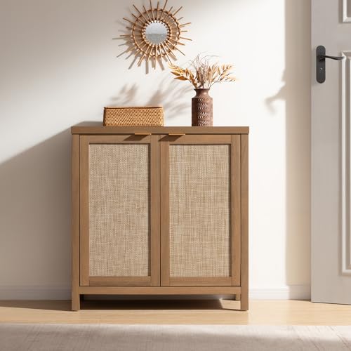 Image of SICOTAS Sideboard Buffet Cabinet with Large Storage - Boho Rattan Credenza Coffee Bar Cabinets with Adjustable Shelves, Buffet Console Table for Kitchen Living Room Hallway - Oak