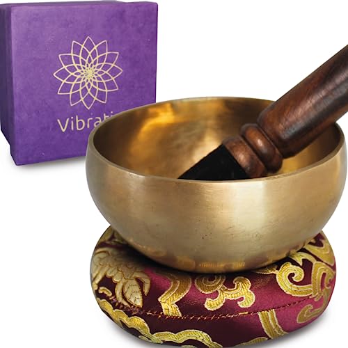 VIRHEA Cuenco Tibetano – Cuenco de 7 Metales Hecho a Mano de Nepal + Cojín + Mazo de Madera + Caja Lokta – Ideal para Meditación y Terapia de Sonido