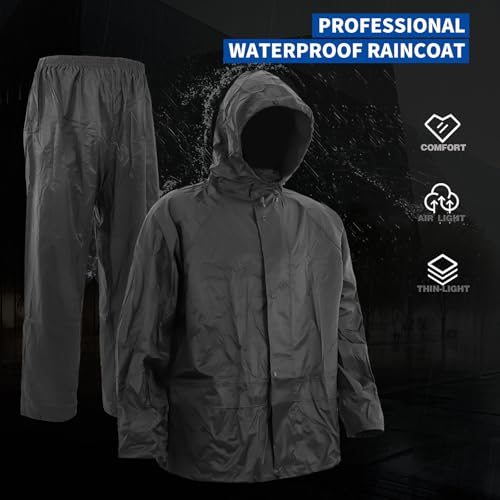 Image of Men's Lightweight Waterproof Rain Suit - Reflective Jacket & Pants with Hood for Outdoor Work, Fishing, Hiking