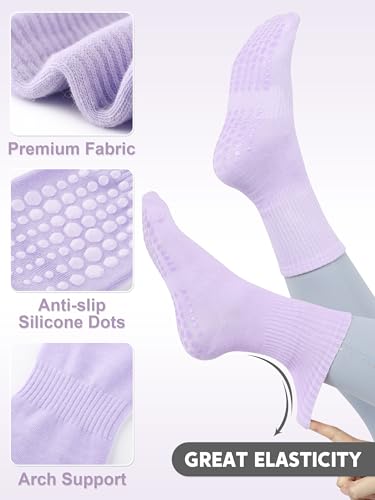 6 Pairs Pilates Socks with Grips for Women Non Slip Yoga Athletic Crew Socks for Barre Ballet Dance Workout Hospital3