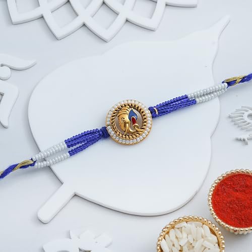 Image of eCraftIndia Pearls Lord Ganesha Rakhi for Brother Bhaiya Bhai with Best Bro Ever Fridge Magnet | Roli Chawal Pack