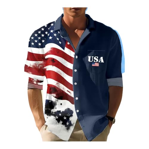 Men's Vintage Independence Day Flag USA Print Casual Waffle Casual Shirt