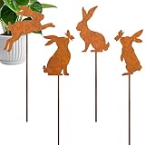 zurabini Osterhasen Gartenstecker 4er Ostern Rost Deko Gartendeko für Draußen, Edelrost Metall Hasen Roststecker Bauernhof Frühling Deko(Kaninchen-Stil)