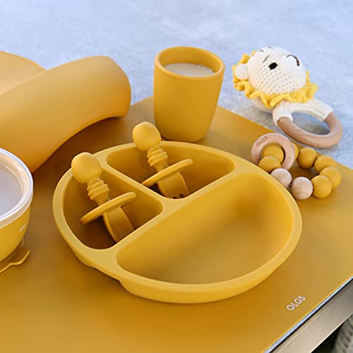 Foto von OLGS Silikon Besteck Kinderbesteck 2er Set | Esslernbesteck, Babybesteck, Babylöffel, Baby Gabel Löffel Esslernlöffel BPA-frei Mustard | Lernlöffel Babygabel Kindergeschirr Fütterungslöffel für Kinder