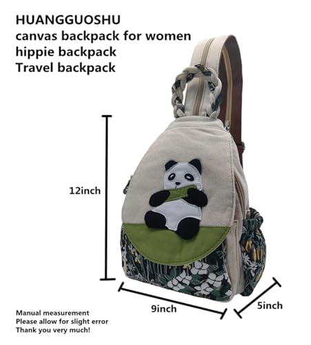 Image of Small Canvas Backpack, Retro Boho Washed Hippie for Women Daily Commute (Panda Decorations)