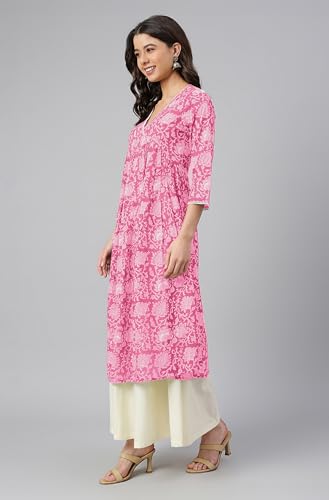 Image of Janasya Women's Pure Cotton Floral Printed Flared Kurta