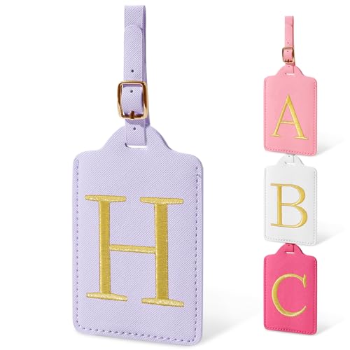 Image of Initial Luggage Tags for Suitcases, Cute Embroidered Letter Luggage Bag Suitcase Identifier Name Baggage Tag, PU Leather Travel Luggage Tags, Bag Tags for Men Women Kids Luggage Handbags(Purple H)