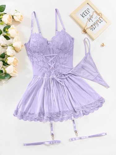 Image of Lilosy Sexy Garter Belt Mesh Lace Babydoll Lingerie Dress Set with Thong