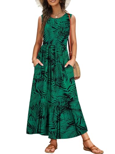 VEUNCOS Strandkleid Damen Lang Elegant Maxikleid Sommer Sexy Ärmellos Kleid für Strandurlaub Einfarbig Basic Tank Kleid Grüne Blumen M