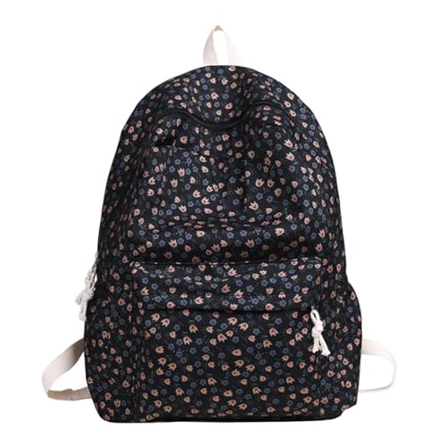 Cute Casual Floral Printed Backpack For Women 16.9 Inch Kawaii Japanese Aesthetic Simple Daypack Black