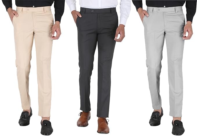 Image of ABLESTAR Men's Polycotton Slim Fit Formal Trouser - Spendex Cotton Casual Pant for Men - Breathable, Lightweight, Adjustable Formal Trouser for Men - Pack of 3