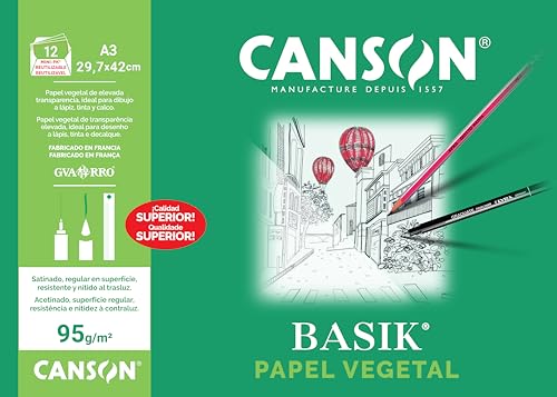 Canson Vegetal Basik, Papeles técnicos, Suave, 90gsm, Minipack, A3-29,7x42cm, Translucido, 12 Hojas
