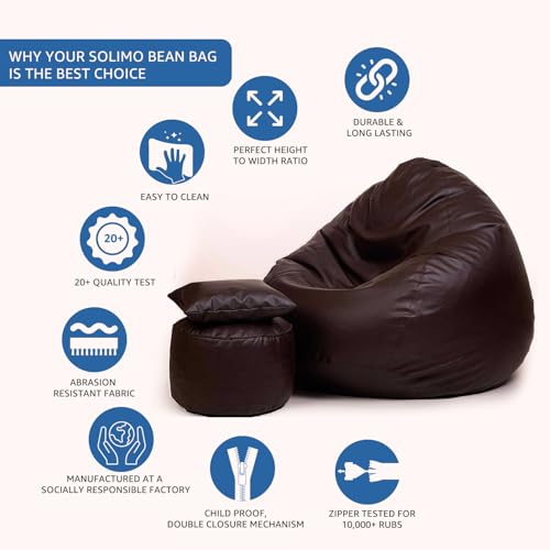 Image of Amazon Brand - Solimo 4XL Premium Faux Leather Bean Bag with Footstool & Cushion Combo for Living Room | Bean Bag Filled with Beans | Capacity Upto 6'5 inch Height & 125 Kg Weight | (Dark Brown)
