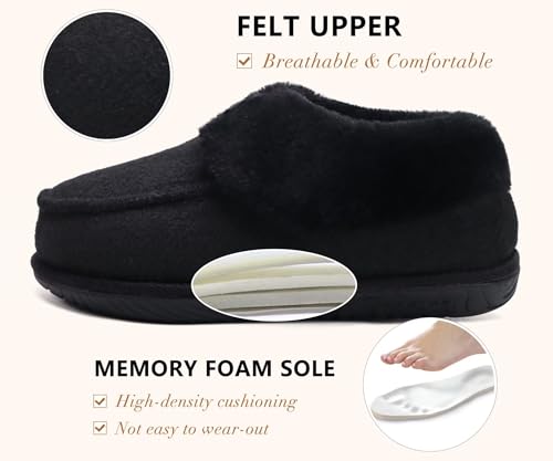 COFACE Women's Arch Support Memory Foam House Slippers Lady Warm Fuzzy Faux Fur Collar Winter Moccasin Shoes with Orthotic Plantar Fasciitis Indoor Outdoor Hard Rubber Sole Black Size 73