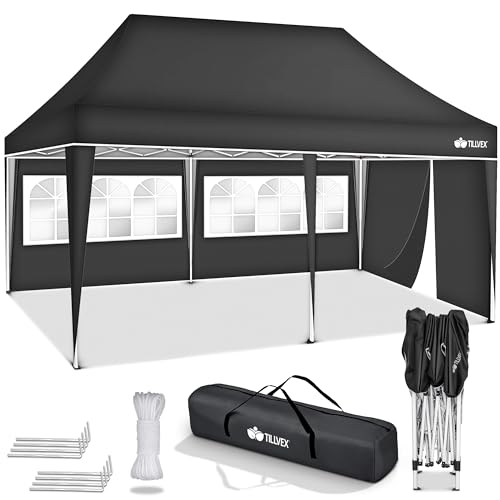 tillvex Pavillon 3x6m wasserdicht | Pop-Up Faltpavillon höhenverstellbar | Gartenzelt UV Schutz 50+ | Partyzelt mit Tasche für Garten (Anthrazit - mit 3 Seitenteilen)