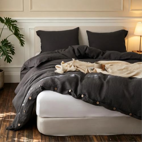 Simple&Opulence 100% Linen Duvet Cover Set, 3 Pieces Belgian Flax Breathable Bedding, 1 Comforter Cover+2 Pillowshams with Coconut Button Closure(King,Dark Grey)