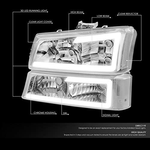 Image of DNA MOTORING HL-LB-CSIL03-CH-CL1 Chrome Housing 3D LED DRL Headlight Bumper Lamp Set Compatible with 03-06 Silverado 1500-3500 / Avalanche 1500 2500