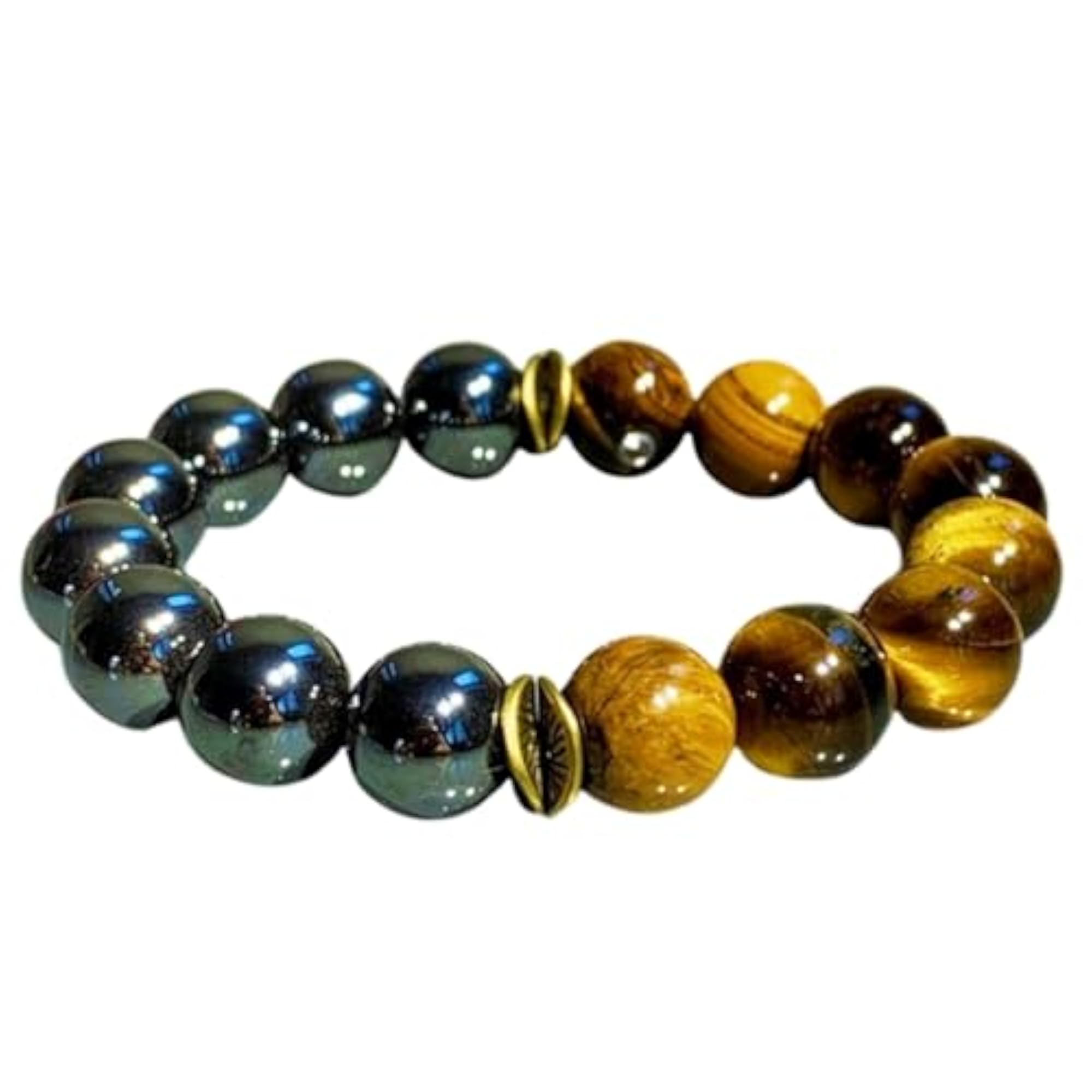 Unisex Natural Hematite & Tigers Eye 12mm Round Beads Stretchable Bracelet