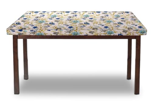 Image of The Furnishing Tree Elastic Cotton Rectangular Dining Table Cover 30x48 in Inches Floral Blue Leaf on offwhite Base