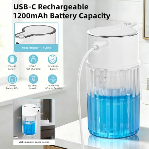 Automatic Foam Soap Dispenser Touchless, 12oz Rechargeable Soap Dispenser with 4 Adjustable Levels, Auto Hand Soap Dispenser for Kitchen, Bathroom Countertop, Wall Mounted, IPX5 Waterproof — view 5