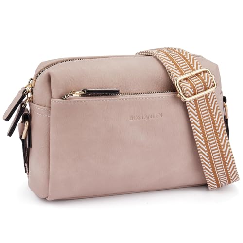 Image of BOSTANTEN Small Crossbody Purse for Women Triple Zip Cell Phone Leather Handbag with Colored Shoulder Strap