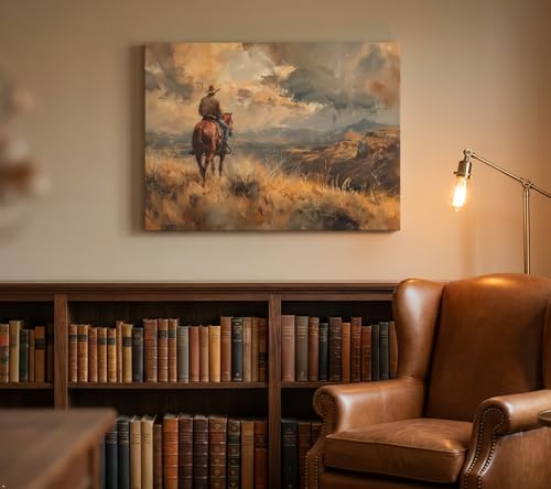Image of WBNJXNZ Western Cowboy Riding Horse Canvas Wall Art Cowboy Wall Decor Pictures wilderness Landscape Painting Print Vintage Artwork for Living room bedroom country Home decoration 12x16in